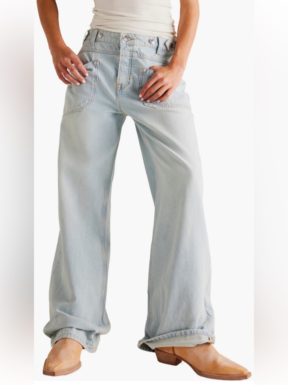 Free People Palmer Cuffed Pale Blue Wide-Leg Jeans 27